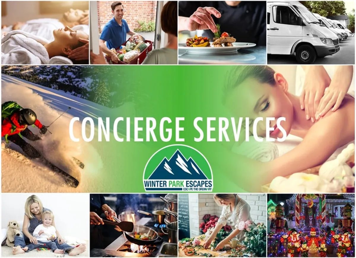 A collage-like view of luxury resort perks: a spa treatment in action, gourmet food delivery, family cooking, and festive decorations—demonstrating the optional concierge services and home’s ability to blend privacy with premium amenities.