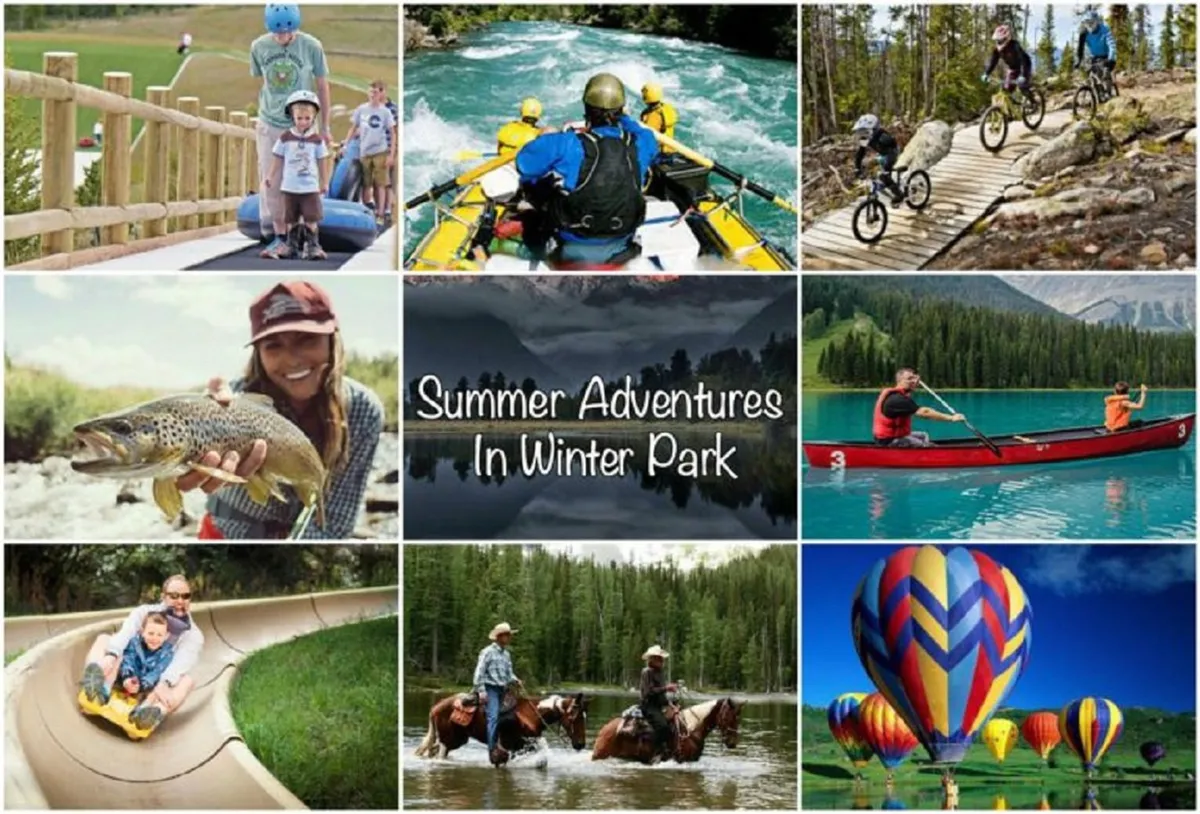 A vibrant scene featuring families enjoying a range of outdoor activities, including biking, rafting, hot air ballooning, fishing, and horseback riding. The landscape is lush and inviting, with clear skies and joyful participants, emphasizing the diversity of local adventures available.