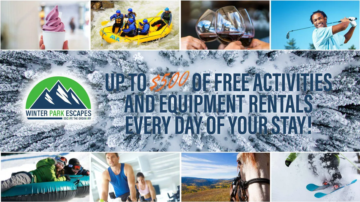A lively interior scene featuring guests engaging in a range of adventure activities—rafting, skiing, horseback riding, and gourmet dining—evoking the spirit of curated experiences and resort-style perks.