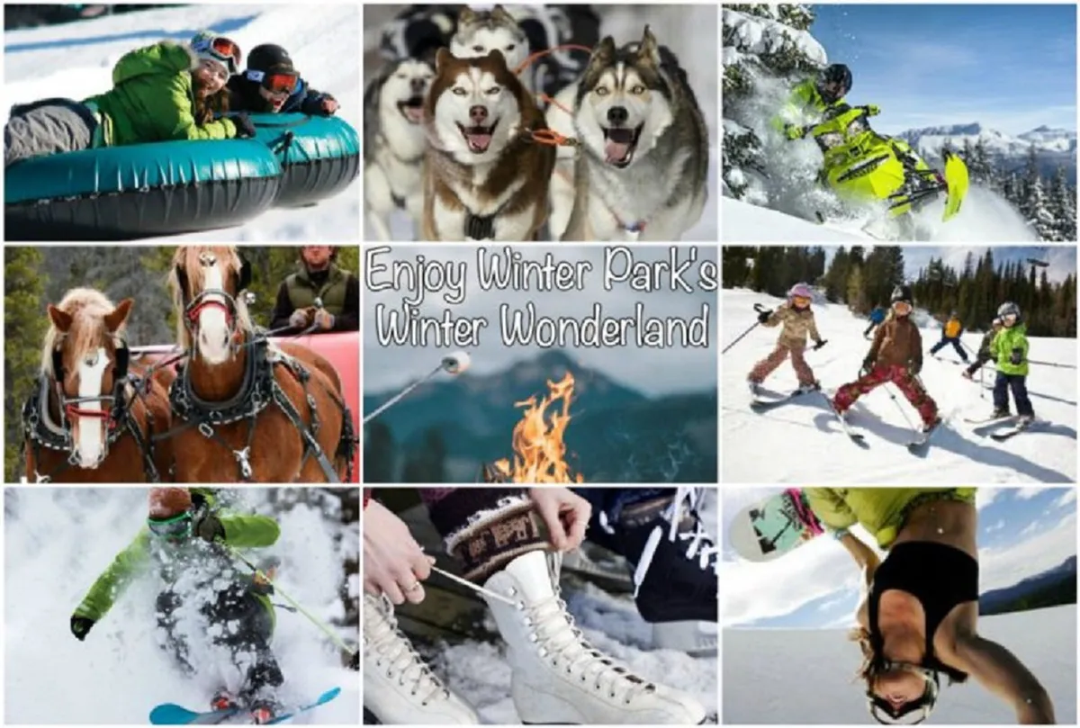 A lively winter scene with families and children participating in snow tubing, skiing, ice skating, and dog sledding. The snow-covered landscape is buzzing with joyful activity and multi-generational groups enjoying the winter weather.